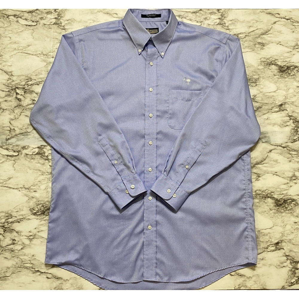 TEAGUES‎ Men's Shirt Size L Tall Blue White Single Needle Tailoring Wrinkle Free